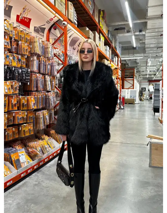 Zr Model Kemerli Yumuş Siyah Kürk