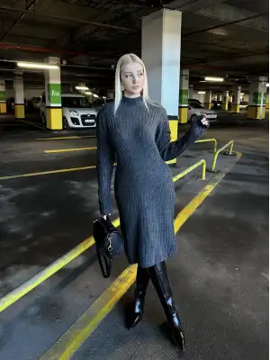 Füme Balıkçı Yaka Yün Midi Kloş Elbise