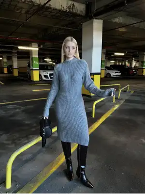 Gri Balıkçı Yaka Yün Midi Kloş Elbise