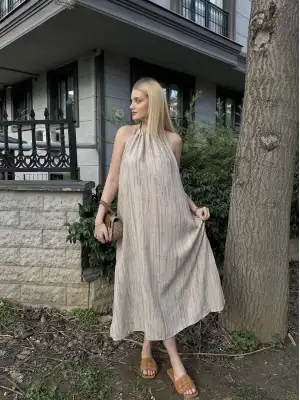 Taş Keten Bağlamalı Efil Elbise