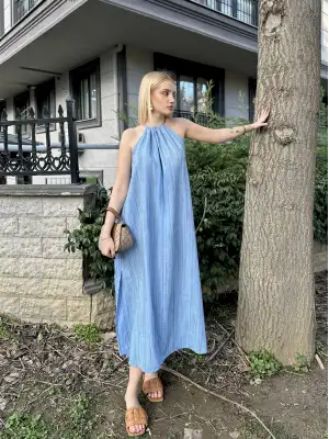 Mavi Keten Bağlamalı Efil Elbise