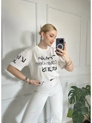 Baskılı Orijinal Marka Oversize Pamuk Beyaz Tshirt