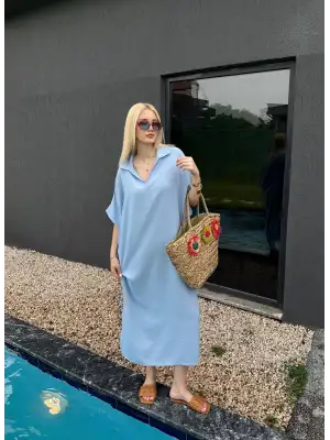 Bohem BebeMavi Keten Polo Yaka Elbise