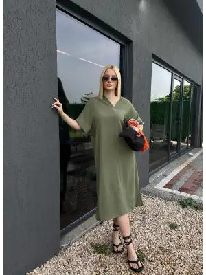 Bohem Haki Keten Polo Yaka Elbise