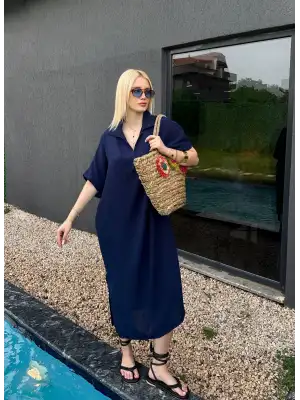Bohem Lacivert Keten Polo Yaka Elbise