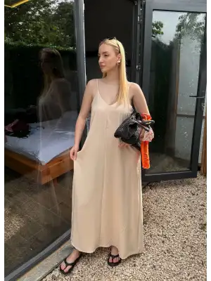 Bohemian Bej Ayarlanabilir İp Askılı Salaş Elbise