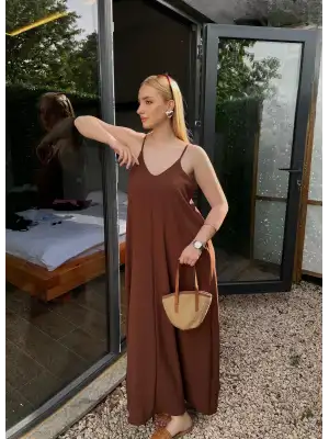 Bohemian Kahve Ayarlanabilir İp Askılı Salaş Elbise