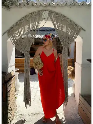 Bohemian Turuncu Ayarlanabilir İp Askılı Salaş Elbise