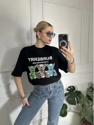 Burbe Siyah Ayıcık Baskılı %100 Pamuk Orijinal Marka Etiketli Oversize Tshirt
