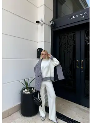 Duel Balıkçı Yaka Kazak/Pantolon Beyaz Triko Takım