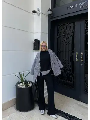 Duel Balıkçı Yaka Kazak/Pantolon Siyah Triko Takım