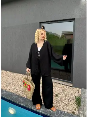 Ferina Siyah Muslin Ön Bağlamalı Kimono Takım
