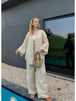 Ferina Taş Muslin Ön Bağlamalı Kimono Takım