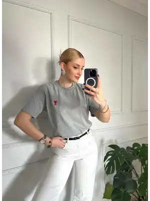 Kalp Nakış Orijinal Marka Oversize Pamuk Gri Tshirt