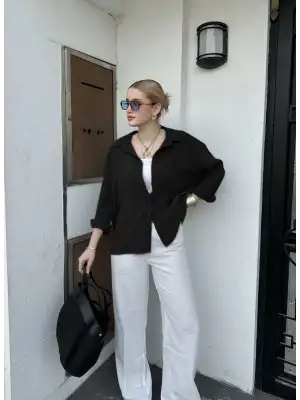 Massia Siyah Tensel Oversize Gömlek