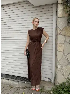 Melina Kahve Düğüm Detay Piliseli Elbise