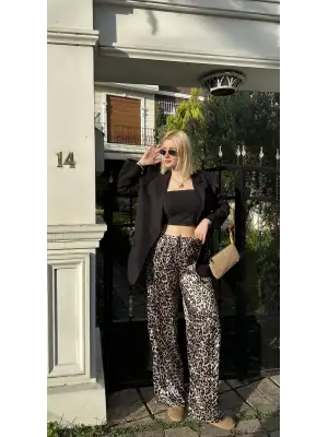 Nivy Gold Leopar Saten Pantolon