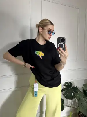 Off Baskılı Bisiklet Yaka %100 Pamuk Orijinal Marka Oversize Tshirt