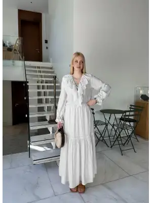 Olivette Kırık Beyaz Fırfırlı Premium Astarlı Tam Boy Elbise