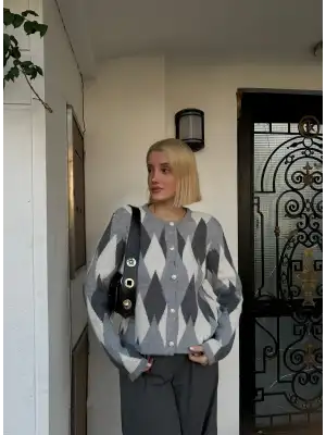 Otto Gri Baklava Desen Düğmeli Triko Kazak