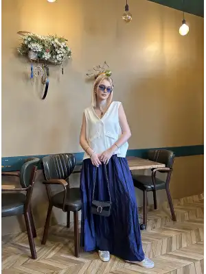 Polene Lacivert Crush Maxi Boy Uzun Etek