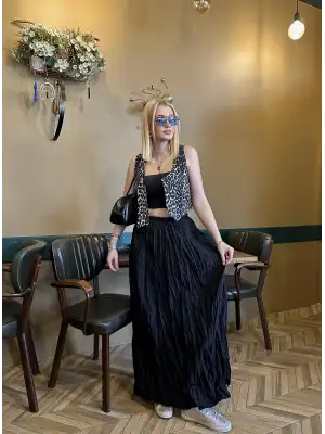 Polene Siyah Crush Maxi Boy Uzun Etek