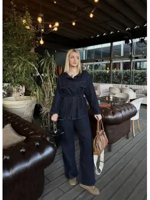 Rins Kuşaklı Ceket Pantolon Denim Takım