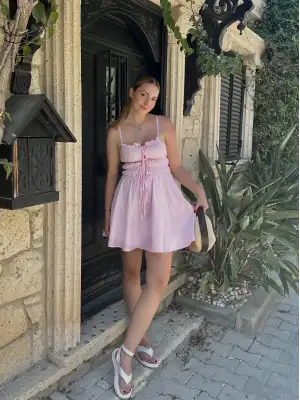 Ruffle Pembe Keten Bağlama Detay Astarlı Mini Elbise
