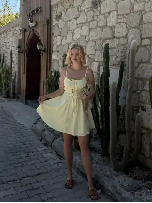 Ruffle Sarı Keten Bağlama Detay Astarlı Mini Elbise