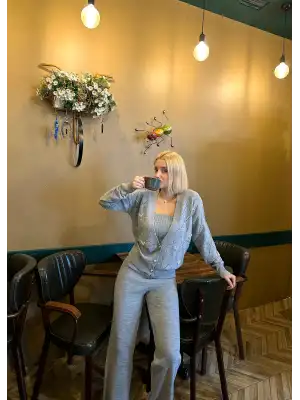 Sally Gri İncili 3lü Triko Takım