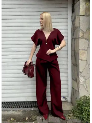 Valera Bordo Yarasa Kol Tek Düğme Astarlı Blazer Pantolon Takım