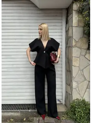 Valera Siyah Yarasa Kol Tek Düğme Astarlı Blazer Pantolon Takım