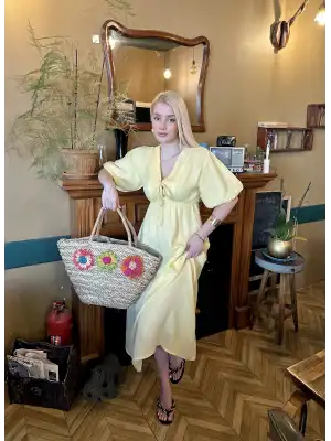 Vayla Pastel Sarı Müslin Kumaş Bağlama Detaylı Elbise