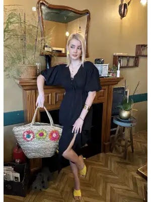 Vayla Siyah Müslin Kumaş Bağlama Detaylı Elbise