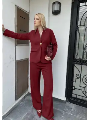 Velvet Bordo Gold Büyük Tek Düğmeli İç Astarlı Beyaz Blazer Ceket