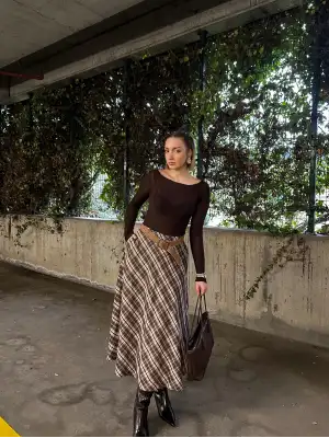 Volanlı Cepli Kahve Ekose Oduncu Etek