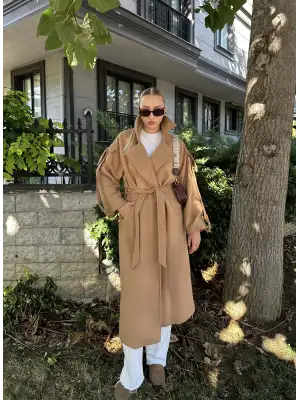 Zeze Taba Apolet Detay Kuşaklı Premium Kaşe Kaban