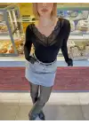 Siyah Dantel Detay Esnek Kaşmir Transparan Bluz