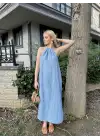 Mavi Keten Bağlamalı Efil Elbise