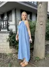 Mavi Keten Bağlamalı Efil Elbise