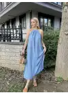 Mavi Keten Bağlamalı Efil Elbise