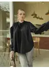 Dik Yaka Oversize Pileli Siyah Gömlek
