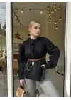 Dik Yaka Oversize Pileli Siyah Gömlek