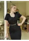 Düğmeli Midi Boy Kemerli Siyah Elbise