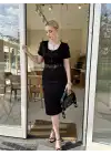 Düğmeli Midi Boy Kemerli Siyah Elbise