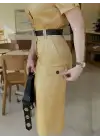 Düğmeli Midi Boy Kemerli Hardal Elbise