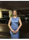 Lina Omuz Bağlama Detay Uzun Mavi Saten Elbise