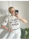 Baskılı Orijinal Marka Oversize Pamuk Beyaz Tshirt