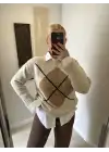 Bej Baklava Desen Triko Oversize Kazak