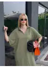 Bohem Haki Keten Polo Yaka Elbise